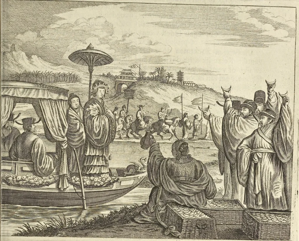 An illustration from Gedenkwaerdig bedryf der Nederlandsche Oost-Indische Maetschappye, op de kuste en in het keizerrijk van Taising of Sina : behelzende het tweede gezandschap aen den onder-koning Singlamong en veldheer Taising Lipoui, door Jan van Kampen en Konstantyn Nobel : vervolgt met een verhael van het voorgevallen des jaers zestien hondert drie en vier en zestig, op de kuste van Sina, en ontrent d'eilanden Tayowan, Formosa, Ay en Quemuy, onder't gezag van Balthasar Bort : en het derde gezandschap aen Konchy, Tartarsche keizer van Sina en Oost-Tartarye : onder beleit van zijne ed. Pieter van Hoorn : beneffens een beschryving van geheel Sina : verçiert doorgaens met verscheide kopere platen, 1670, leaf 609