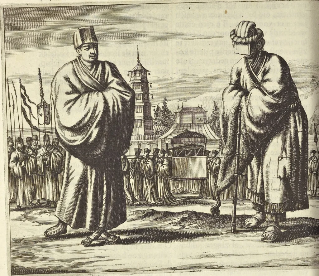 An illustration from Gedenkwaerdig bedryf der Nederlandsche Oost-Indische Maetschappye, op de kuste en in het keizerrijk van Taising of Sina : behelzende het tweede gezandschap aen den onder-koning Singlamong en veldheer Taising Lipoui, door Jan van Kampen en Konstantyn Nobel : vervolgt met een verhael van het voorgevallen des jaers zestien hondert drie en vier en zestig, op de kuste van Sina, en ontrent d'eilanden Tayowan, Formosa, Ay en Quemuy, onder't gezag van Balthasar Bort : en het derde gezandschap aen Konchy, Tartarsche keizer van Sina en Oost-Tartarye : onder beleit van zijne ed. Pieter van Hoorn : beneffens een beschryving van geheel Sina : verçiert doorgaens met verscheide kopere platen, 1670, leaf 618