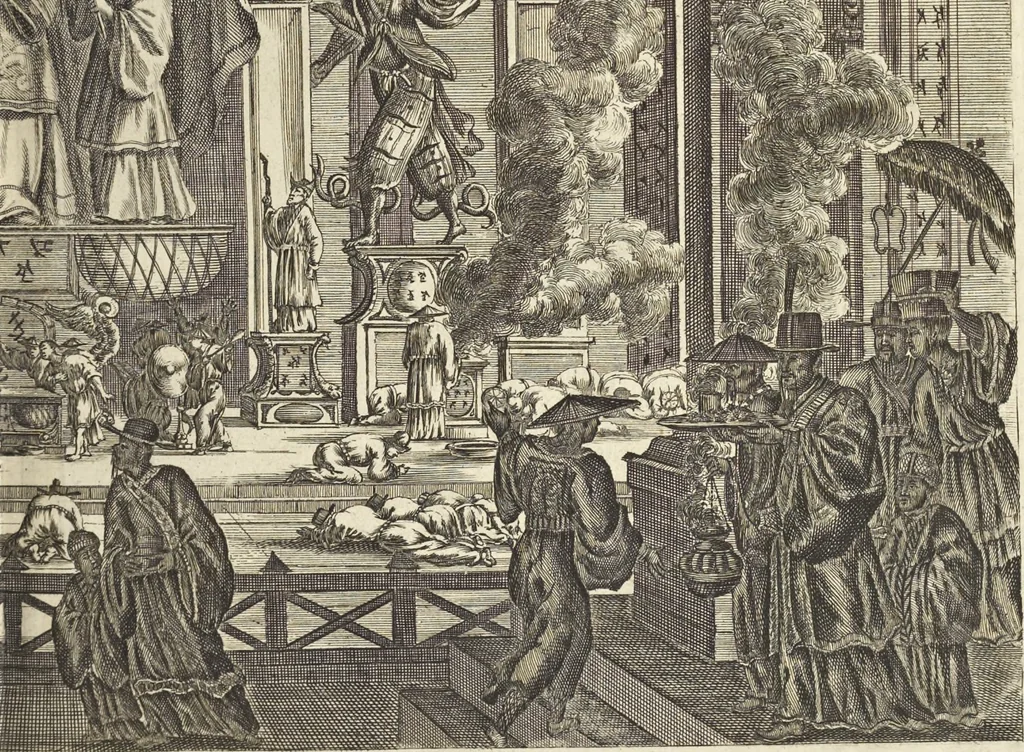 An illustration from Gedenkwaerdig bedryf der Nederlandsche Oost-Indische Maetschappye, op de kuste en in het keizerrijk van Taising of Sina : behelzende het tweede gezandschap aen den onder-koning Singlamong en veldheer Taising Lipoui, door Jan van Kampen en Konstantyn Nobel : vervolgt met een verhael van het voorgevallen des jaers zestien hondert drie en vier en zestig, op de kuste van Sina, en ontrent d'eilanden Tayowan, Formosa, Ay en Quemuy, onder't gezag van Balthasar Bort : en het derde gezandschap aen Konchy, Tartarsche keizer van Sina en Oost-Tartarye : onder beleit van zijne ed. Pieter van Hoorn : beneffens een beschryving van geheel Sina : verçiert doorgaens met verscheide kopere platen, 1670, leaf 62
