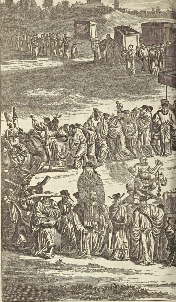 An illustration from Gedenkwaerdig bedryf der Nederlandsche Oost-Indische Maetschappye, op de kuste en in het keizerrijk van Taising of Sina : behelzende het tweede gezandschap aen den onder-koning Singlamong en veldheer Taising Lipoui, door Jan van Kampen en Konstantyn Nobel : vervolgt met een verhael van het voorgevallen des jaers zestien hondert drie en vier en zestig, op de kuste van Sina, en ontrent d'eilanden Tayowan, Formosa, Ay en Quemuy, onder't gezag van Balthasar Bort : en het derde gezandschap aen Konchy, Tartarsche keizer van Sina en Oost-Tartarye : onder beleit van zijne ed. Pieter van Hoorn : beneffens een beschryving van geheel Sina : verçiert doorgaens met verscheide kopere platen, 1670, leaf 628