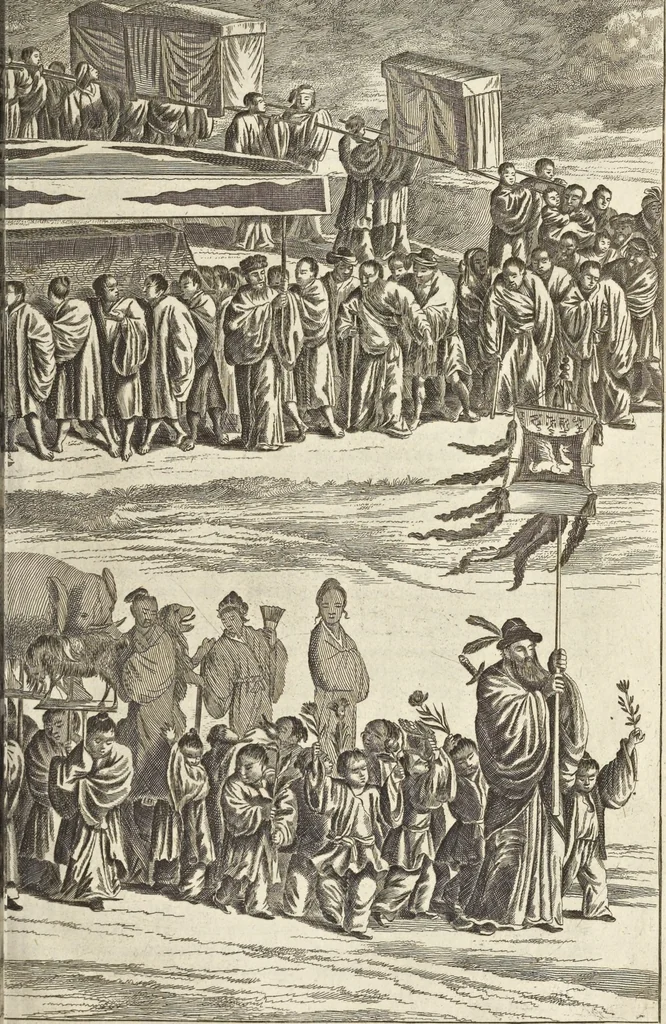 An illustration from Gedenkwaerdig bedryf der Nederlandsche Oost-Indische Maetschappye, op de kuste en in het keizerrijk van Taising of Sina : behelzende het tweede gezandschap aen den onder-koning Singlamong en veldheer Taising Lipoui, door Jan van Kampen en Konstantyn Nobel : vervolgt met een verhael van het voorgevallen des jaers zestien hondert drie en vier en zestig, op de kuste van Sina, en ontrent d'eilanden Tayowan, Formosa, Ay en Quemuy, onder't gezag van Balthasar Bort : en het derde gezandschap aen Konchy, Tartarsche keizer van Sina en Oost-Tartarye : onder beleit van zijne ed. Pieter van Hoorn : beneffens een beschryving van geheel Sina : verçiert doorgaens met verscheide kopere platen, 1670, leaf 629