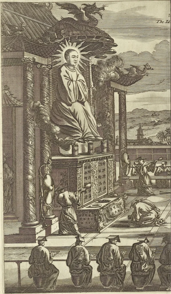 An illustration from Gedenkwaerdig bedryf der Nederlandsche Oost-Indische Maetschappye, op de kuste en in het keizerrijk van Taising of Sina : behelzende het tweede gezandschap aen den onder-koning Singlamong en veldheer Taising Lipoui, door Jan van Kampen en Konstantyn Nobel : vervolgt met een verhael van het voorgevallen des jaers zestien hondert drie en vier en zestig, op de kuste van Sina, en ontrent d'eilanden Tayowan, Formosa, Ay en Quemuy, onder't gezag van Balthasar Bort : en het derde gezandschap aen Konchy, Tartarsche keizer van Sina en Oost-Tartarye : onder beleit van zijne ed. Pieter van Hoorn : beneffens een beschryving van geheel Sina : verçiert doorgaens met verscheide kopere platen, 1670, leaf 65