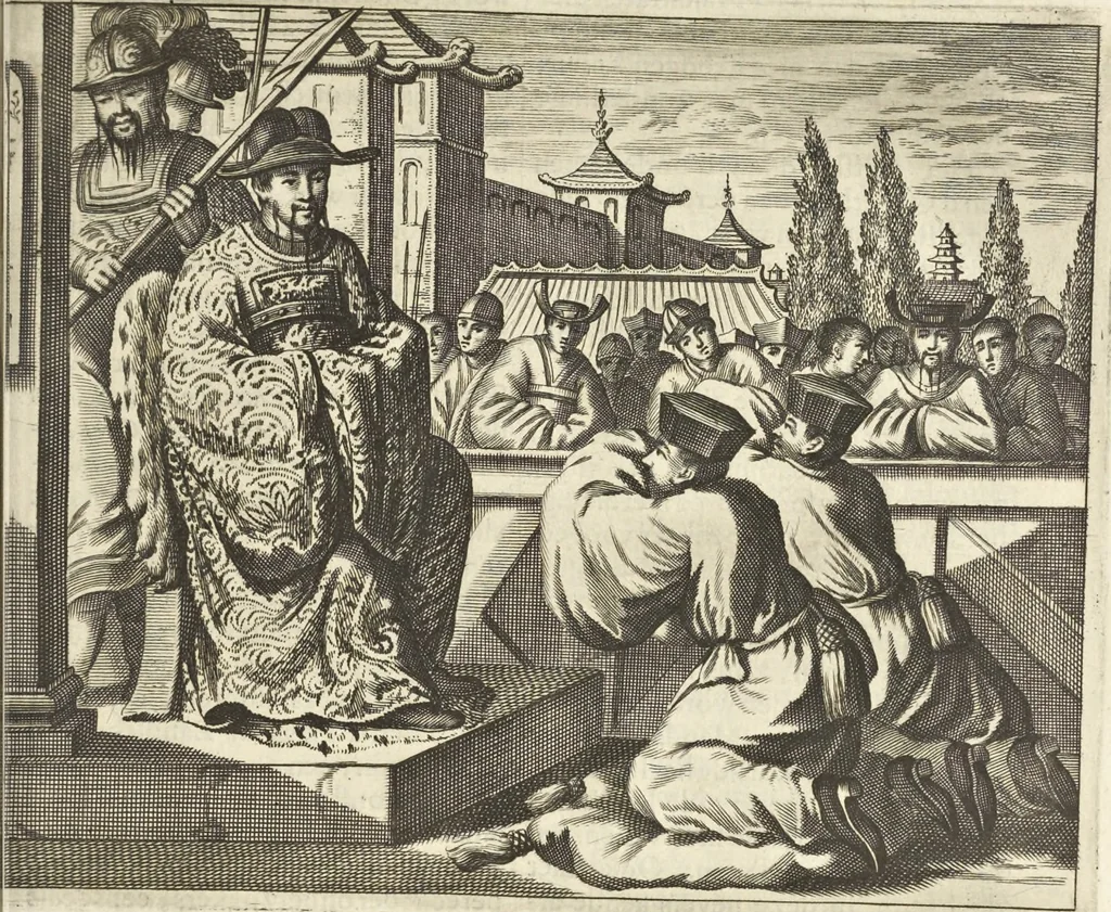 An illustration from Gedenkwaerdig bedryf der Nederlandsche Oost-Indische Maetschappye, op de kuste en in het keizerrijk van Taising of Sina : behelzende het tweede gezandschap aen den onder-koning Singlamong en veldheer Taising Lipoui, door Jan van Kampen en Konstantyn Nobel : vervolgt met een verhael van het voorgevallen des jaers zestien hondert drie en vier en zestig, op de kuste van Sina, en ontrent d'eilanden Tayowan, Formosa, Ay en Quemuy, onder't gezag van Balthasar Bort : en het derde gezandschap aen Konchy, Tartarsche keizer van Sina en Oost-Tartarye : onder beleit van zijne ed. Pieter van Hoorn : beneffens een beschryving van geheel Sina : verçiert doorgaens met verscheide kopere platen, 1670, leaf 657