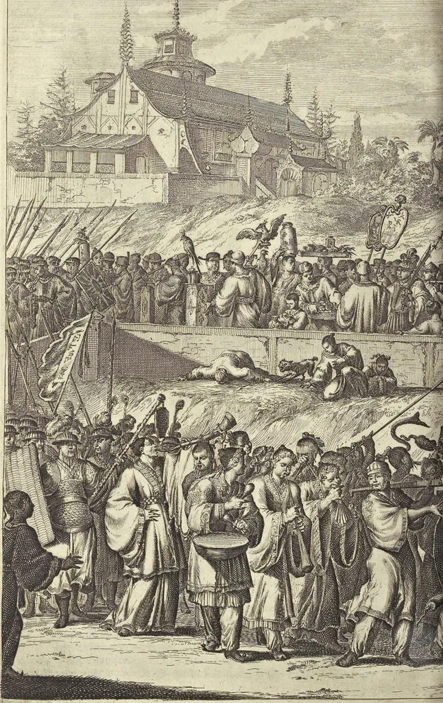 An illustration from Gedenkwaerdig bedryf der Nederlandsche Oost-Indische Maetschappye, op de kuste en in het keizerrijk van Taising of Sina : behelzende het tweede gezandschap aen den onder-koning Singlamong en veldheer Taising Lipoui, door Jan van Kampen en Konstantyn Nobel : vervolgt met een verhael van het voorgevallen des jaers zestien hondert drie en vier en zestig, op de kuste van Sina, en ontrent d'eilanden Tayowan, Formosa, Ay en Quemuy, onder't gezag van Balthasar Bort : en het derde gezandschap aen Konchy, Tartarsche keizer van Sina en Oost-Tartarye : onder beleit van zijne ed. Pieter van Hoorn : beneffens een beschryving van geheel Sina : verçiert doorgaens met verscheide kopere platen, 1670, leaf 666