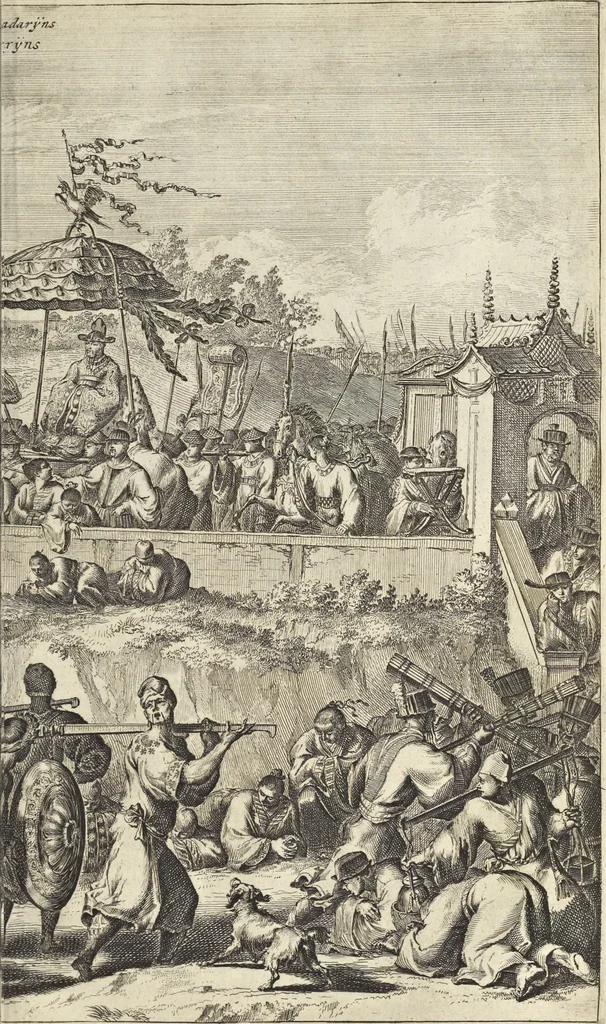 An illustration from Gedenkwaerdig bedryf der Nederlandsche Oost-Indische Maetschappye, op de kuste en in het keizerrijk van Taising of Sina : behelzende het tweede gezandschap aen den onder-koning Singlamong en veldheer Taising Lipoui, door Jan van Kampen en Konstantyn Nobel : vervolgt met een verhael van het voorgevallen des jaers zestien hondert drie en vier en zestig, op de kuste van Sina, en ontrent d'eilanden Tayowan, Formosa, Ay en Quemuy, onder't gezag van Balthasar Bort : en het derde gezandschap aen Konchy, Tartarsche keizer van Sina en Oost-Tartarye : onder beleit van zijne ed. Pieter van Hoorn : beneffens een beschryving van geheel Sina : verçiert doorgaens met verscheide kopere platen, 1670, leaf 667