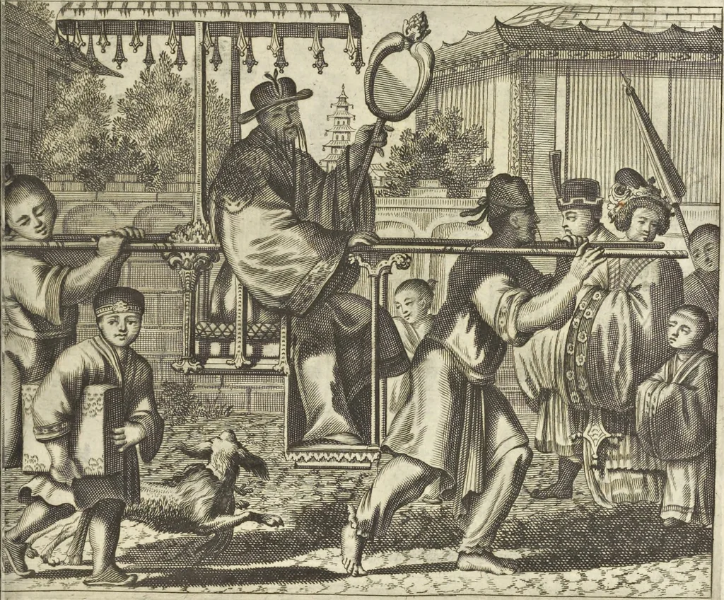 An illustration from Gedenkwaerdig bedryf der Nederlandsche Oost-Indische Maetschappye, op de kuste en in het keizerrijk van Taising of Sina : behelzende het tweede gezandschap aen den onder-koning Singlamong en veldheer Taising Lipoui, door Jan van Kampen en Konstantyn Nobel : vervolgt met een verhael van het voorgevallen des jaers zestien hondert drie en vier en zestig, op de kuste van Sina, en ontrent d'eilanden Tayowan, Formosa, Ay en Quemuy, onder't gezag van Balthasar Bort : en het derde gezandschap aen Konchy, Tartarsche keizer van Sina en Oost-Tartarye : onder beleit van zijne ed. Pieter van Hoorn : beneffens een beschryving van geheel Sina : verçiert doorgaens met verscheide kopere platen, 1670, leaf 669