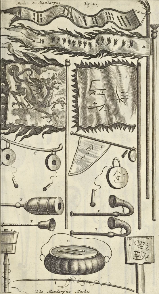 An illustration from Gedenkwaerdig bedryf der Nederlandsche Oost-Indische Maetschappye, op de kuste en in het keizerrijk van Taising of Sina : behelzende het tweede gezandschap aen den onder-koning Singlamong en veldheer Taising Lipoui, door Jan van Kampen en Konstantyn Nobel : vervolgt met een verhael van het voorgevallen des jaers zestien hondert drie en vier en zestig, op de kuste van Sina, en ontrent d'eilanden Tayowan, Formosa, Ay en Quemuy, onder't gezag van Balthasar Bort : en het derde gezandschap aen Konchy, Tartarsche keizer van Sina en Oost-Tartarye : onder beleit van zijne ed. Pieter van Hoorn : beneffens een beschryving van geheel Sina : verçiert doorgaens met verscheide kopere platen, 1670, leaf 671