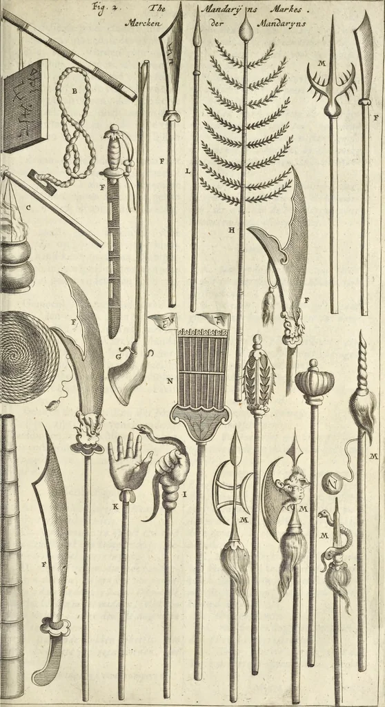 An illustration from Gedenkwaerdig bedryf der Nederlandsche Oost-Indische Maetschappye, op de kuste en in het keizerrijk van Taising of Sina : behelzende het tweede gezandschap aen den onder-koning Singlamong en veldheer Taising Lipoui, door Jan van Kampen en Konstantyn Nobel : vervolgt met een verhael van het voorgevallen des jaers zestien hondert drie en vier en zestig, op de kuste van Sina, en ontrent d'eilanden Tayowan, Formosa, Ay en Quemuy, onder't gezag van Balthasar Bort : en het derde gezandschap aen Konchy, Tartarsche keizer van Sina en Oost-Tartarye : onder beleit van zijne ed. Pieter van Hoorn : beneffens een beschryving van geheel Sina : verçiert doorgaens met verscheide kopere platen, 1670, leaf 673