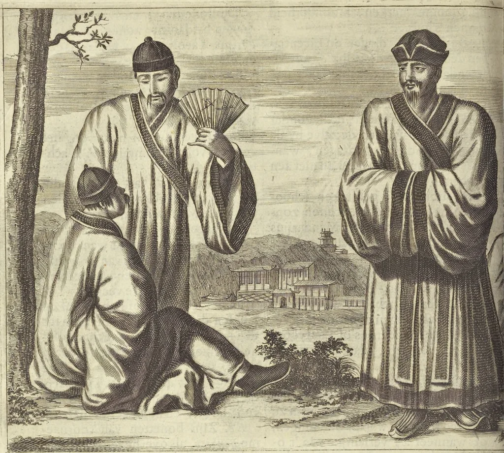 An illustration from Gedenkwaerdig bedryf der Nederlandsche Oost-Indische Maetschappye, op de kuste en in het keizerrijk van Taising of Sina : behelzende het tweede gezandschap aen den onder-koning Singlamong en veldheer Taising Lipoui, door Jan van Kampen en Konstantyn Nobel : vervolgt met een verhael van het voorgevallen des jaers zestien hondert drie en vier en zestig, op de kuste van Sina, en ontrent d'eilanden Tayowan, Formosa, Ay en Quemuy, onder't gezag van Balthasar Bort : en het derde gezandschap aen Konchy, Tartarsche keizer van Sina en Oost-Tartarye : onder beleit van zijne ed. Pieter van Hoorn : beneffens een beschryving van geheel Sina : verçiert doorgaens met verscheide kopere platen, 1670, leaf 682