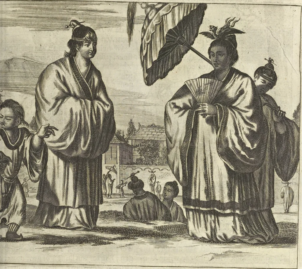 An illustration from Gedenkwaerdig bedryf der Nederlandsche Oost-Indische Maetschappye, op de kuste en in het keizerrijk van Taising of Sina : behelzende het tweede gezandschap aen den onder-koning Singlamong en veldheer Taising Lipoui, door Jan van Kampen en Konstantyn Nobel : vervolgt met een verhael van het voorgevallen des jaers zestien hondert drie en vier en zestig, op de kuste van Sina, en ontrent d'eilanden Tayowan, Formosa, Ay en Quemuy, onder't gezag van Balthasar Bort : en het derde gezandschap aen Konchy, Tartarsche keizer van Sina en Oost-Tartarye : onder beleit van zijne ed. Pieter van Hoorn : beneffens een beschryving van geheel Sina : verçiert doorgaens met verscheide kopere platen, 1670, leaf 683