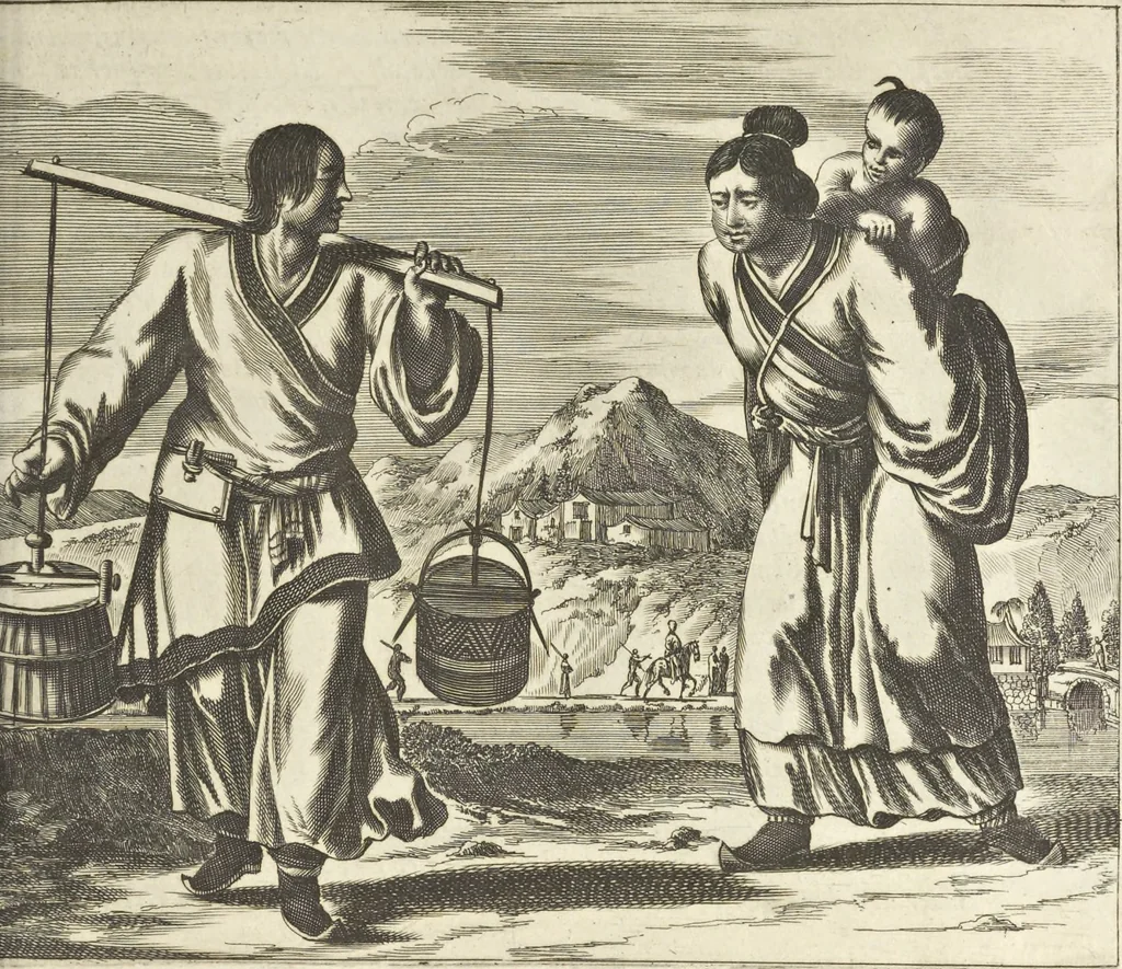 An illustration from Gedenkwaerdig bedryf der Nederlandsche Oost-Indische Maetschappye, op de kuste en in het keizerrijk van Taising of Sina : behelzende het tweede gezandschap aen den onder-koning Singlamong en veldheer Taising Lipoui, door Jan van Kampen en Konstantyn Nobel : vervolgt met een verhael van het voorgevallen des jaers zestien hondert drie en vier en zestig, op de kuste van Sina, en ontrent d'eilanden Tayowan, Formosa, Ay en Quemuy, onder't gezag van Balthasar Bort : en het derde gezandschap aen Konchy, Tartarsche keizer van Sina en Oost-Tartarye : onder beleit van zijne ed. Pieter van Hoorn : beneffens een beschryving van geheel Sina : verçiert doorgaens met verscheide kopere platen, 1670, leaf 685