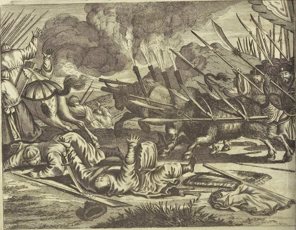 An illustration from Gedenkwaerdig bedryf der Nederlandsche Oost-Indische Maetschappye, op de kuste en in het keizerrijk van Taising of Sina : behelzende het tweede gezandschap aen den onder-koning Singlamong en veldheer Taising Lipoui, door Jan van Kampen en Konstantyn Nobel : vervolgt met een verhael van het voorgevallen des jaers zestien hondert drie en vier en zestig, op de kuste van Sina, en ontrent d'eilanden Tayowan, Formosa, Ay en Quemuy, onder't gezag van Balthasar Bort : en het derde gezandschap aen Konchy, Tartarsche keizer van Sina en Oost-Tartarye : onder beleit van zijne ed. Pieter van Hoorn : beneffens een beschryving van geheel Sina : verçiert doorgaens met verscheide kopere platen, 1670, leaf 688