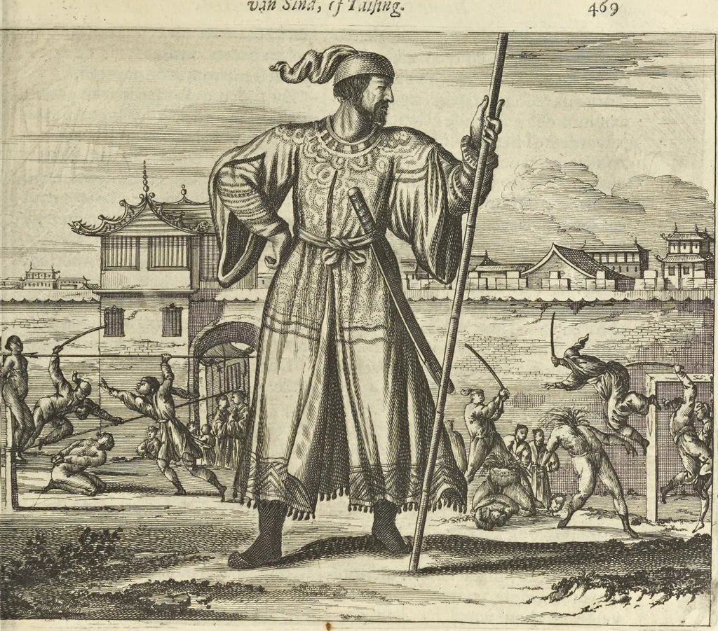 An illustration from Gedenkwaerdig bedryf der Nederlandsche Oost-Indische Maetschappye, op de kuste en in het keizerrijk van Taising of Sina : behelzende het tweede gezandschap aen den onder-koning Singlamong en veldheer Taising Lipoui, door Jan van Kampen en Konstantyn Nobel : vervolgt met een verhael van het voorgevallen des jaers zestien hondert drie en vier en zestig, op de kuste van Sina, en ontrent d'eilanden Tayowan, Formosa, Ay en Quemuy, onder't gezag van Balthasar Bort : en het derde gezandschap aen Konchy, Tartarsche keizer van Sina en Oost-Tartarye : onder beleit van zijne ed. Pieter van Hoorn : beneffens een beschryving van geheel Sina : verçiert doorgaens met verscheide kopere platen, 1670, leaf 689