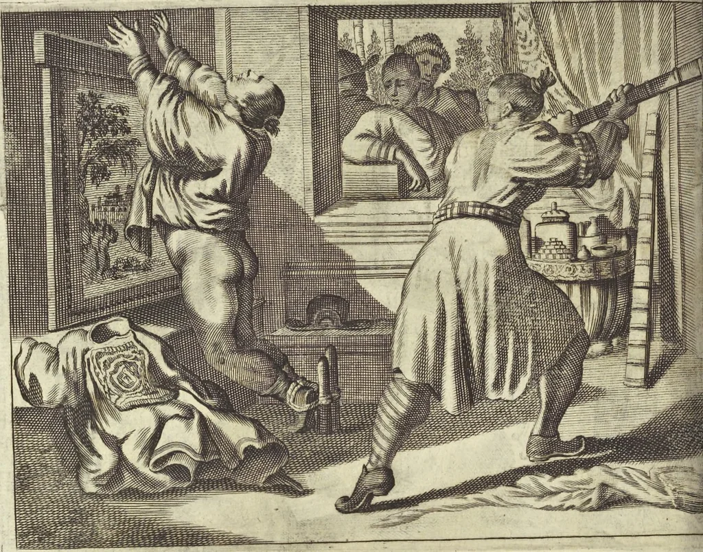 An illustration from Gedenkwaerdig bedryf der Nederlandsche Oost-Indische Maetschappye, op de kuste en in het keizerrijk van Taising of Sina : behelzende het tweede gezandschap aen den onder-koning Singlamong en veldheer Taising Lipoui, door Jan van Kampen en Konstantyn Nobel : vervolgt met een verhael van het voorgevallen des jaers zestien hondert drie en vier en zestig, op de kuste van Sina, en ontrent d'eilanden Tayowan, Formosa, Ay en Quemuy, onder't gezag van Balthasar Bort : en het derde gezandschap aen Konchy, Tartarsche keizer van Sina en Oost-Tartarye : onder beleit van zijne ed. Pieter van Hoorn : beneffens een beschryving van geheel Sina : verçiert doorgaens met verscheide kopere platen, 1670, leaf 698