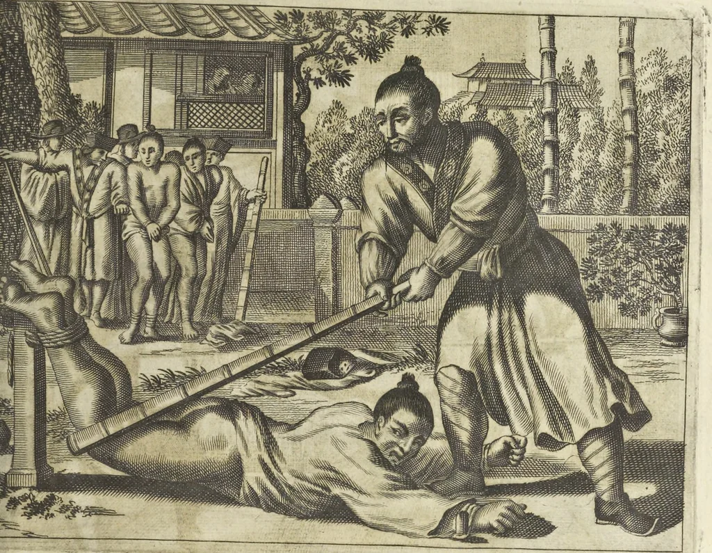 An illustration from Gedenkwaerdig bedryf der Nederlandsche Oost-Indische Maetschappye, op de kuste en in het keizerrijk van Taising of Sina : behelzende het tweede gezandschap aen den onder-koning Singlamong en veldheer Taising Lipoui, door Jan van Kampen en Konstantyn Nobel : vervolgt met een verhael van het voorgevallen des jaers zestien hondert drie en vier en zestig, op de kuste van Sina, en ontrent d'eilanden Tayowan, Formosa, Ay en Quemuy, onder't gezag van Balthasar Bort : en het derde gezandschap aen Konchy, Tartarsche keizer van Sina en Oost-Tartarye : onder beleit van zijne ed. Pieter van Hoorn : beneffens een beschryving van geheel Sina : verçiert doorgaens met verscheide kopere platen, 1670, leaf 699