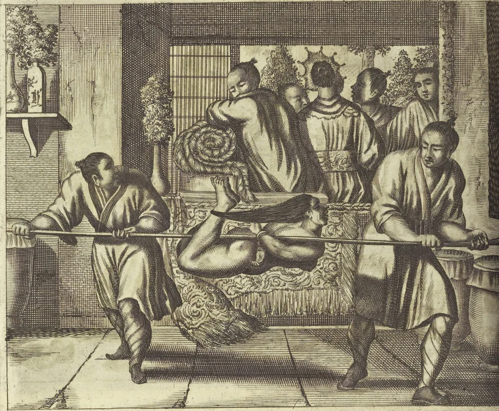 An illustration from Gedenkwaerdig bedryf der Nederlandsche Oost-Indische Maetschappye, op de kuste en in het keizerrijk van Taising of Sina : behelzende het tweede gezandschap aen den onder-koning Singlamong en veldheer Taising Lipoui, door Jan van Kampen en Konstantyn Nobel : vervolgt met een verhael van het voorgevallen des jaers zestien hondert drie en vier en zestig, op de kuste van Sina, en ontrent d'eilanden Tayowan, Formosa, Ay en Quemuy, onder't gezag van Balthasar Bort : en het derde gezandschap aen Konchy, Tartarsche keizer van Sina en Oost-Tartarye : onder beleit van zijne ed. Pieter van Hoorn : beneffens een beschryving van geheel Sina : verçiert doorgaens met verscheide kopere platen, 1670, leaf 700