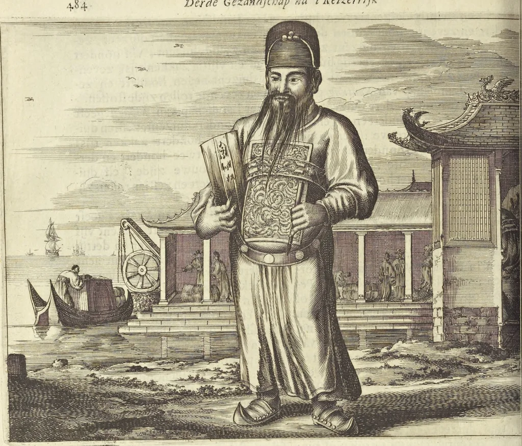 An illustration from Gedenkwaerdig bedryf der Nederlandsche Oost-Indische Maetschappye, op de kuste en in het keizerrijk van Taising of Sina : behelzende het tweede gezandschap aen den onder-koning Singlamong en veldheer Taising Lipoui, door Jan van Kampen en Konstantyn Nobel : vervolgt met een verhael van het voorgevallen des jaers zestien hondert drie en vier en zestig, op de kuste van Sina, en ontrent d'eilanden Tayowan, Formosa, Ay en Quemuy, onder't gezag van Balthasar Bort : en het derde gezandschap aen Konchy, Tartarsche keizer van Sina en Oost-Tartarye : onder beleit van zijne ed. Pieter van Hoorn : beneffens een beschryving van geheel Sina : verçiert doorgaens met verscheide kopere platen, 1670, leaf 704