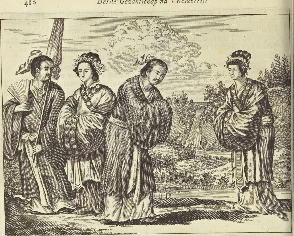 An illustration from Gedenkwaerdig bedryf der Nederlandsche Oost-Indische Maetschappye, op de kuste en in het keizerrijk van Taising of Sina : behelzende het tweede gezandschap aen den onder-koning Singlamong en veldheer Taising Lipoui, door Jan van Kampen en Konstantyn Nobel : vervolgt met een verhael van het voorgevallen des jaers zestien hondert drie en vier en zestig, op de kuste van Sina, en ontrent d'eilanden Tayowan, Formosa, Ay en Quemuy, onder't gezag van Balthasar Bort : en het derde gezandschap aen Konchy, Tartarsche keizer van Sina en Oost-Tartarye : onder beleit van zijne ed. Pieter van Hoorn : beneffens een beschryving van geheel Sina : verçiert doorgaens met verscheide kopere platen, 1670, leaf 706