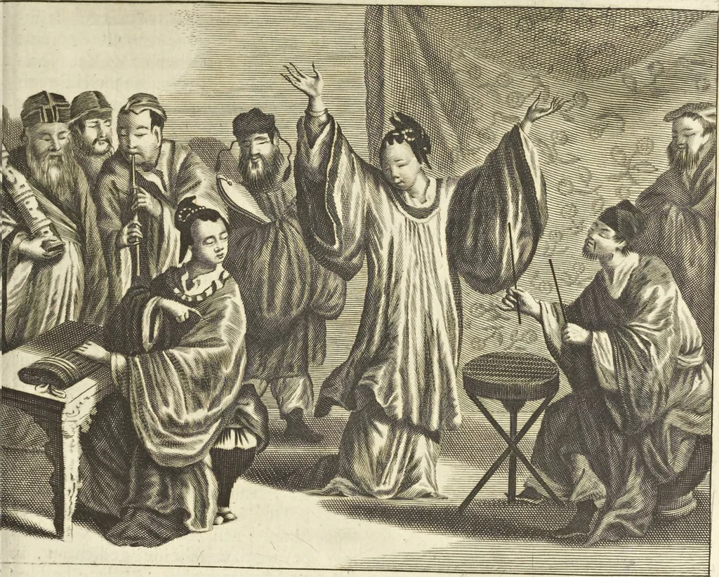 An illustration from Gedenkwaerdig bedryf der Nederlandsche Oost-Indische Maetschappye, op de kuste en in het keizerrijk van Taising of Sina : behelzende het tweede gezandschap aen den onder-koning Singlamong en veldheer Taising Lipoui, door Jan van Kampen en Konstantyn Nobel : vervolgt met een verhael van het voorgevallen des jaers zestien hondert drie en vier en zestig, op de kuste van Sina, en ontrent d'eilanden Tayowan, Formosa, Ay en Quemuy, onder't gezag van Balthasar Bort : en het derde gezandschap aen Konchy, Tartarsche keizer van Sina en Oost-Tartarye : onder beleit van zijne ed. Pieter van Hoorn : beneffens een beschryving van geheel Sina : verçiert doorgaens met verscheide kopere platen, 1670, leaf 713