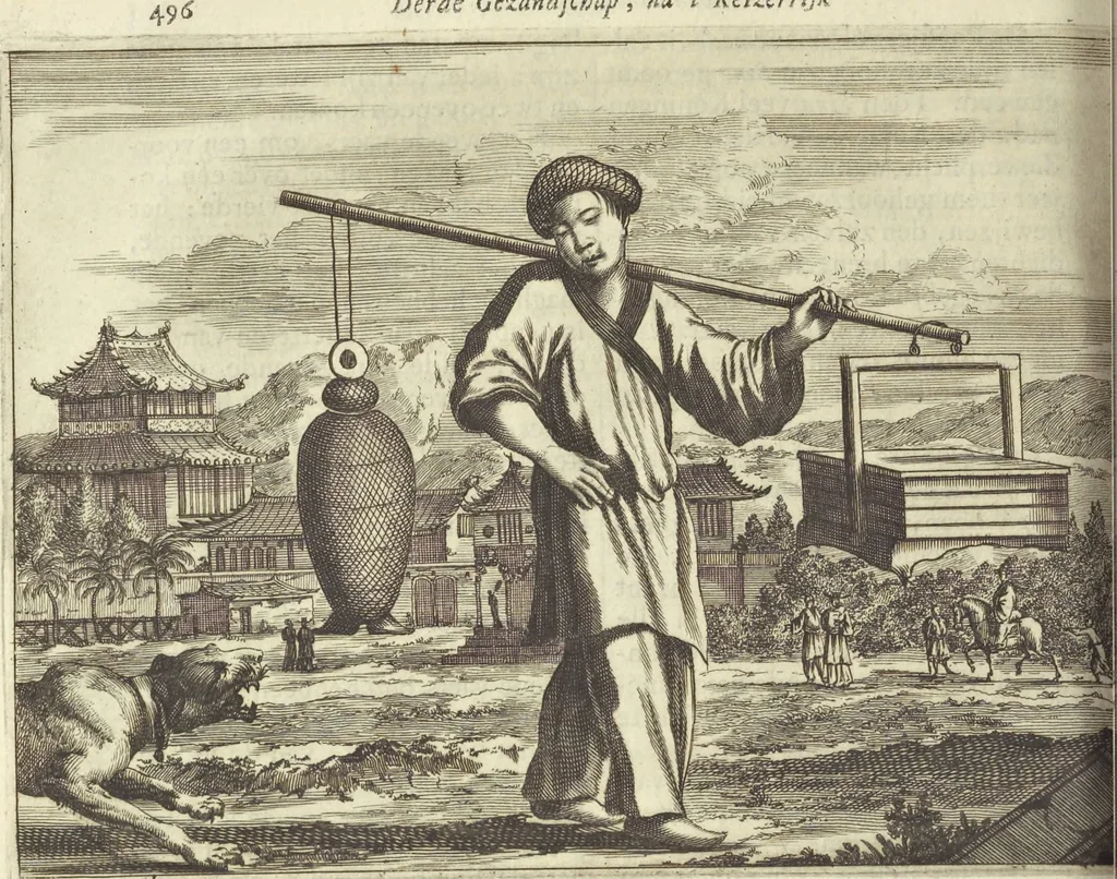 An illustration from Gedenkwaerdig bedryf der Nederlandsche Oost-Indische Maetschappye, op de kuste en in het keizerrijk van Taising of Sina : behelzende het tweede gezandschap aen den onder-koning Singlamong en veldheer Taising Lipoui, door Jan van Kampen en Konstantyn Nobel : vervolgt met een verhael van het voorgevallen des jaers zestien hondert drie en vier en zestig, op de kuste van Sina, en ontrent d'eilanden Tayowan, Formosa, Ay en Quemuy, onder't gezag van Balthasar Bort : en het derde gezandschap aen Konchy, Tartarsche keizer van Sina en Oost-Tartarye : onder beleit van zijne ed. Pieter van Hoorn : beneffens een beschryving van geheel Sina : verçiert doorgaens met verscheide kopere platen, 1670, leaf 716