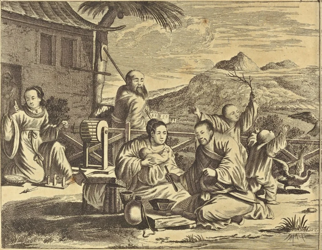 An illustration from Gedenkwaerdig bedryf der Nederlandsche Oost-Indische Maetschappye, op de kuste en in het keizerrijk van Taising of Sina : behelzende het tweede gezandschap aen den onder-koning Singlamong en veldheer Taising Lipoui, door Jan van Kampen en Konstantyn Nobel : vervolgt met een verhael van het voorgevallen des jaers zestien hondert drie en vier en zestig, op de kuste van Sina, en ontrent d'eilanden Tayowan, Formosa, Ay en Quemuy, onder't gezag van Balthasar Bort : en het derde gezandschap aen Konchy, Tartarsche keizer van Sina en Oost-Tartarye : onder beleit van zijne ed. Pieter van Hoorn : beneffens een beschryving van geheel Sina : verçiert doorgaens met verscheide kopere platen, 1670, leaf 77