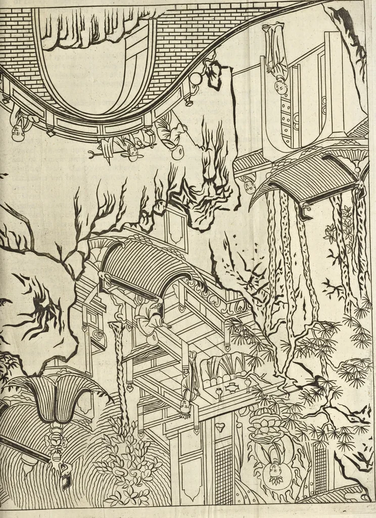 An illustration from Gedenkwaerdig bedryf der Nederlandsche Oost-Indische Maetschappye, op de kuste en in het keizerrijk van Taising of Sina : behelzende het tweede gezandschap aen den onder-koning Singlamong en veldheer Taising Lipoui, door Jan van Kampen en Konstantyn Nobel : vervolgt met een verhael van het voorgevallen des jaers zestien hondert drie en vier en zestig, op de kuste van Sina, en ontrent d'eilanden Tayowan, Formosa, Ay en Quemuy, onder't gezag van Balthasar Bort : en het derde gezandschap aen Konchy, Tartarsche keizer van Sina en Oost-Tartarye : onder beleit van zijne ed. Pieter van Hoorn : beneffens een beschryving van geheel Sina : verçiert doorgaens met verscheide kopere platen, 1670, leaf 859