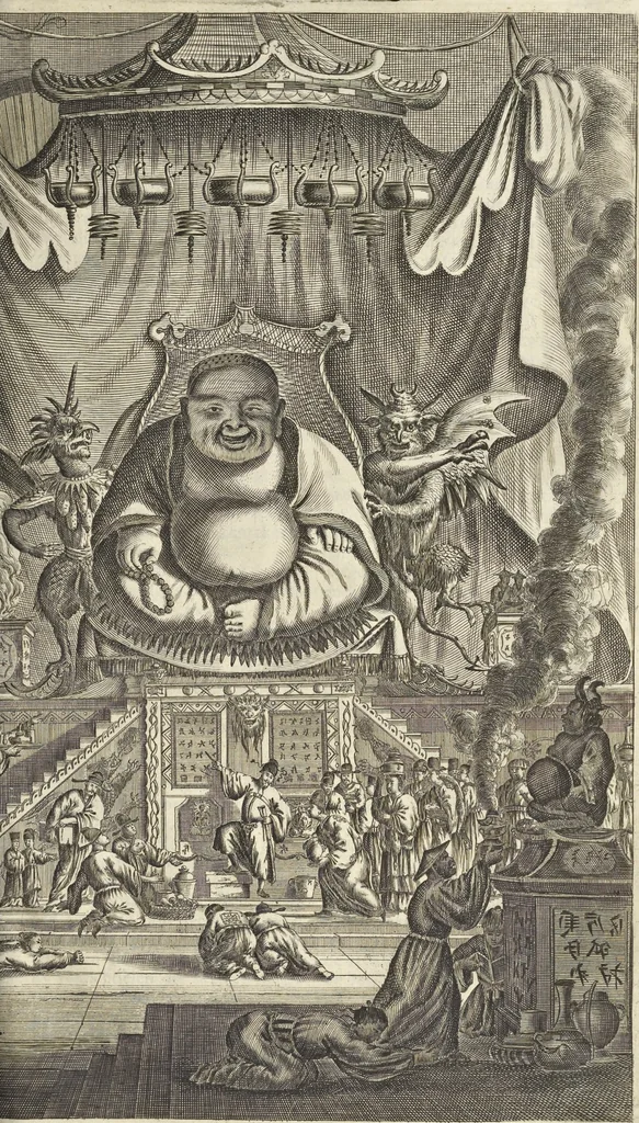 An illustration from Gedenkwaerdig bedryf der Nederlandsche Oost-Indische Maetschappye, op de kuste en in het keizerrijk van Taising of Sina : behelzende het tweede gezandschap aen den onder-koning Singlamong en veldheer Taising Lipoui, door Jan van Kampen en Konstantyn Nobel : vervolgt met een verhael van het voorgevallen des jaers zestien hondert drie en vier en zestig, op de kuste van Sina, en ontrent d'eilanden Tayowan, Formosa, Ay en Quemuy, onder't gezag van Balthasar Bort : en het derde gezandschap aen Konchy, Tartarsche keizer van Sina en Oost-Tartarye : onder beleit van zijne ed. Pieter van Hoorn : beneffens een beschryving van geheel Sina : verçiert doorgaens met verscheide kopere platen, 1670, leaf 883