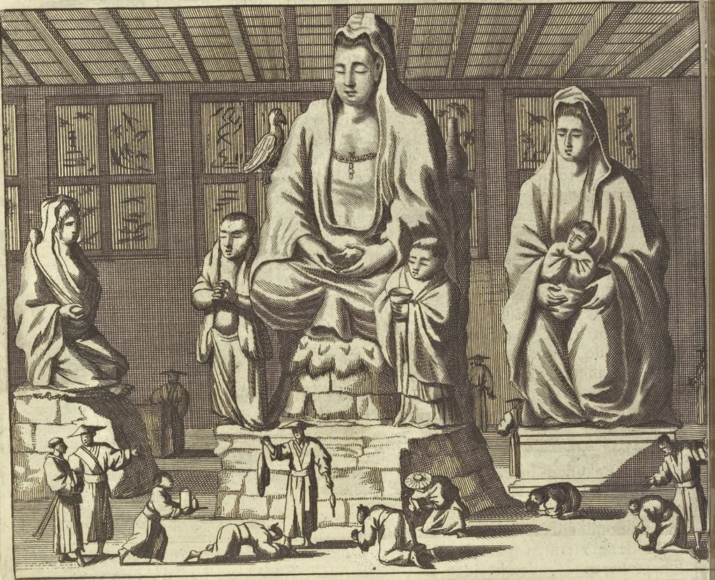 An illustration from Gedenkwaerdig bedryf der Nederlandsche Oost-Indische Maetschappye, op de kuste en in het keizerrijk van Taising of Sina : behelzende het tweede gezandschap aen den onder-koning Singlamong en veldheer Taising Lipoui, door Jan van Kampen en Konstantyn Nobel : vervolgt met een verhael van het voorgevallen des jaers zestien hondert drie en vier en zestig, op de kuste van Sina, en ontrent d'eilanden Tayowan, Formosa, Ay en Quemuy, onder't gezag van Balthasar Bort : en het derde gezandschap aen Konchy, Tartarsche keizer van Sina en Oost-Tartarye : onder beleit van zijne ed. Pieter van Hoorn : beneffens een beschryving van geheel Sina : verçiert doorgaens met verscheide kopere platen, 1670, leaf 886