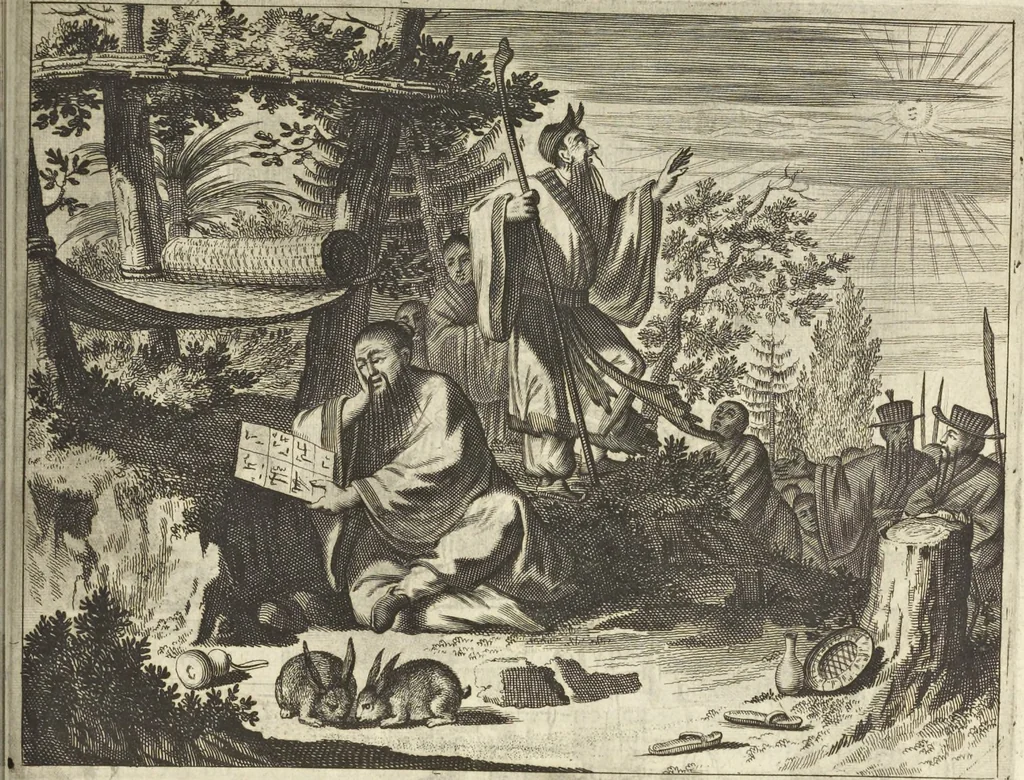 An illustration from Gedenkwaerdig bedryf der Nederlandsche Oost-Indische Maetschappye, op de kuste en in het keizerrijk van Taising of Sina : behelzende het tweede gezandschap aen den onder-koning Singlamong en veldheer Taising Lipoui, door Jan van Kampen en Konstantyn Nobel : vervolgt met een verhael van het voorgevallen des jaers zestien hondert drie en vier en zestig, op de kuste van Sina, en ontrent d'eilanden Tayowan, Formosa, Ay en Quemuy, onder't gezag van Balthasar Bort : en het derde gezandschap aen Konchy, Tartarsche keizer van Sina en Oost-Tartarye : onder beleit van zijne ed. Pieter van Hoorn : beneffens een beschryving van geheel Sina : verçiert doorgaens met verscheide kopere platen, 1670, leaf 887