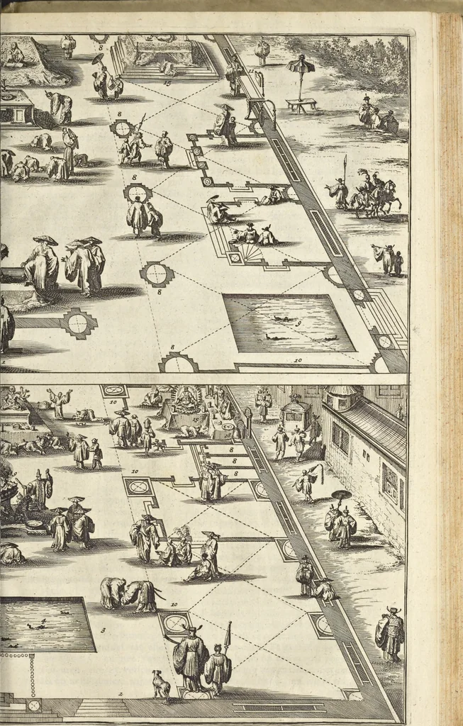An illustration from Gedenkwaerdig bedryf der Nederlandsche Oost-Indische Maetschappye, op de kuste en in het keizerrijk van Taising of Sina : behelzende het tweede gezandschap aen den onder-koning Singlamong en veldheer Taising Lipoui, door Jan van Kampen en Konstantyn Nobel : vervolgt met een verhael van het voorgevallen des jaers zestien hondert drie en vier en zestig, op de kuste van Sina, en ontrent d'eilanden Tayowan, Formosa, Ay en Quemuy, onder't gezag van Balthasar Bort : en het derde gezandschap aen Konchy, Tartarsche keizer van Sina en Oost-Tartarye : onder beleit van zijne ed. Pieter van Hoorn : beneffens een beschryving van geheel Sina : verçiert doorgaens met verscheide kopere platen, 1670, leaf 893