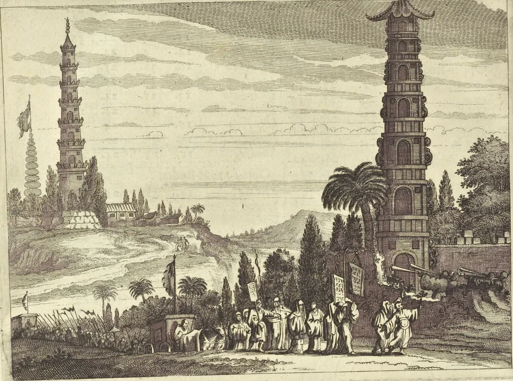 An illustration from Gedenkwaerdig bedryf der Nederlandsche Oost-Indische Maetschappye, op de kuste en in het keizerrijk van Taising of Sina : behelzende het tweede gezandschap aen den onder-koning Singlamong en veldheer Taising Lipoui, door Jan van Kampen en Konstantyn Nobel : vervolgt met een verhael van het voorgevallen des jaers zestien hondert drie en vier en zestig, op de kuste van Sina, en ontrent d'eilanden Tayowan, Formosa, Ay en Quemuy, onder't gezag van Balthasar Bort : en het derde gezandschap aen Konchy, Tartarsche keizer van Sina en Oost-Tartarye : onder beleit van zijne ed. Pieter van Hoorn : beneffens een beschryving van geheel Sina : verçiert doorgaens met verscheide kopere platen, 1670, leaf 908