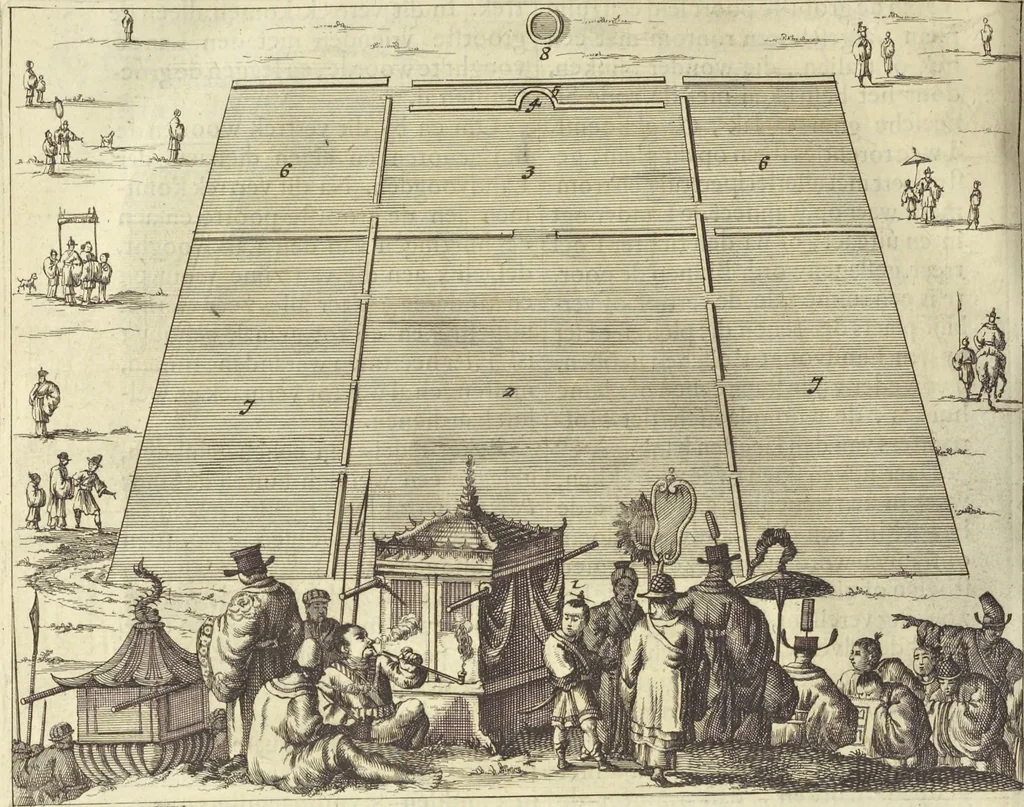 An illustration from Gedenkwaerdig bedryf der Nederlandsche Oost-Indische Maetschappye, op de kuste en in het keizerrijk van Taising of Sina : behelzende het tweede gezandschap aen den onder-koning Singlamong en veldheer Taising Lipoui, door Jan van Kampen en Konstantyn Nobel : vervolgt met een verhael van het voorgevallen des jaers zestien hondert drie en vier en zestig, op de kuste van Sina, en ontrent d'eilanden Tayowan, Formosa, Ay en Quemuy, onder't gezag van Balthasar Bort : en het derde gezandschap aen Konchy, Tartarsche keizer van Sina en Oost-Tartarye : onder beleit van zijne ed. Pieter van Hoorn : beneffens een beschryving van geheel Sina : verçiert doorgaens met verscheide kopere platen, 1670, leaf 916