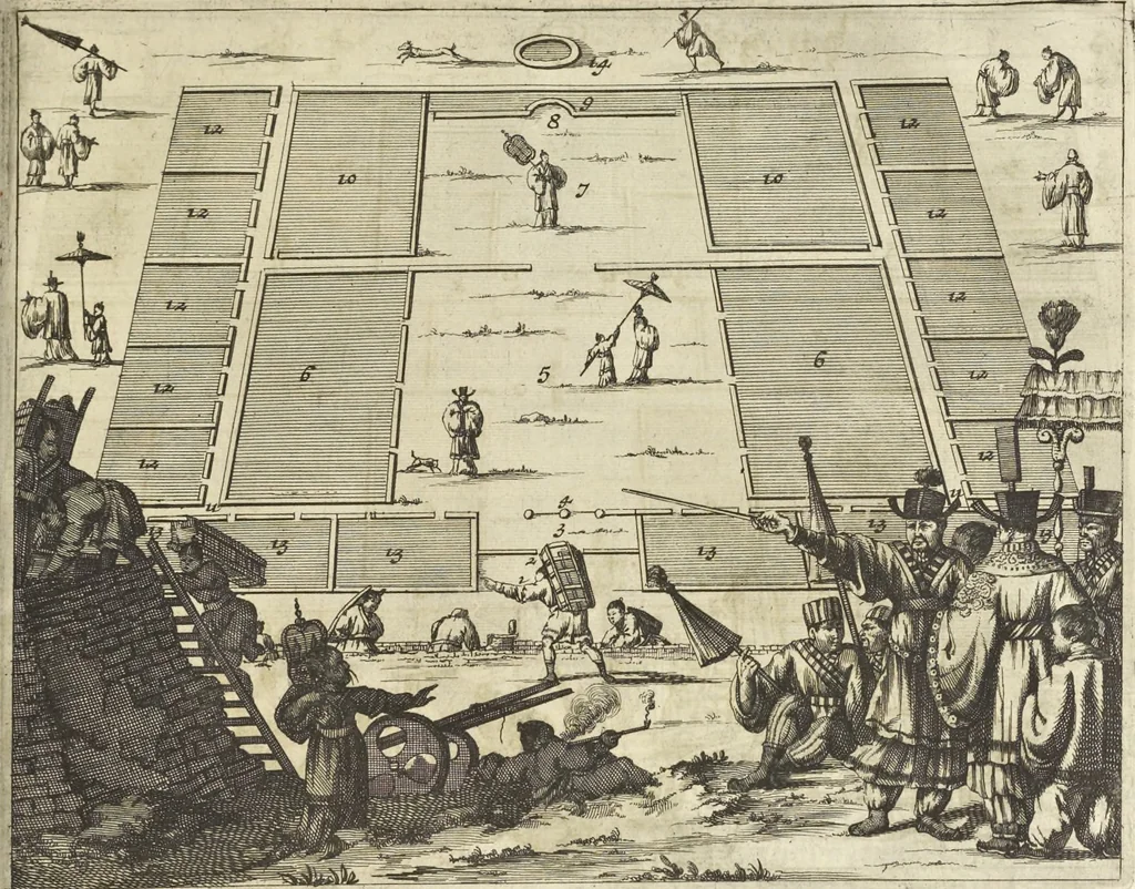 An illustration from Gedenkwaerdig bedryf der Nederlandsche Oost-Indische Maetschappye, op de kuste en in het keizerrijk van Taising of Sina : behelzende het tweede gezandschap aen den onder-koning Singlamong en veldheer Taising Lipoui, door Jan van Kampen en Konstantyn Nobel : vervolgt met een verhael van het voorgevallen des jaers zestien hondert drie en vier en zestig, op de kuste van Sina, en ontrent d'eilanden Tayowan, Formosa, Ay en Quemuy, onder't gezag van Balthasar Bort : en het derde gezandschap aen Konchy, Tartarsche keizer van Sina en Oost-Tartarye : onder beleit van zijne ed. Pieter van Hoorn : beneffens een beschryving van geheel Sina : verçiert doorgaens met verscheide kopere platen, 1670, leaf 917