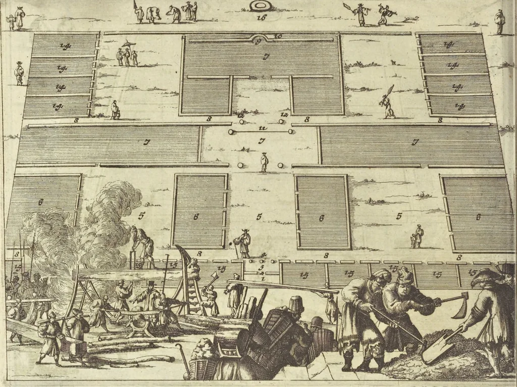 An illustration from Gedenkwaerdig bedryf der Nederlandsche Oost-Indische Maetschappye, op de kuste en in het keizerrijk van Taising of Sina : behelzende het tweede gezandschap aen den onder-koning Singlamong en veldheer Taising Lipoui, door Jan van Kampen en Konstantyn Nobel : vervolgt met een verhael van het voorgevallen des jaers zestien hondert drie en vier en zestig, op de kuste van Sina, en ontrent d'eilanden Tayowan, Formosa, Ay en Quemuy, onder't gezag van Balthasar Bort : en het derde gezandschap aen Konchy, Tartarsche keizer van Sina en Oost-Tartarye : onder beleit van zijne ed. Pieter van Hoorn : beneffens een beschryving van geheel Sina : verçiert doorgaens met verscheide kopere platen, 1670, leaf 918