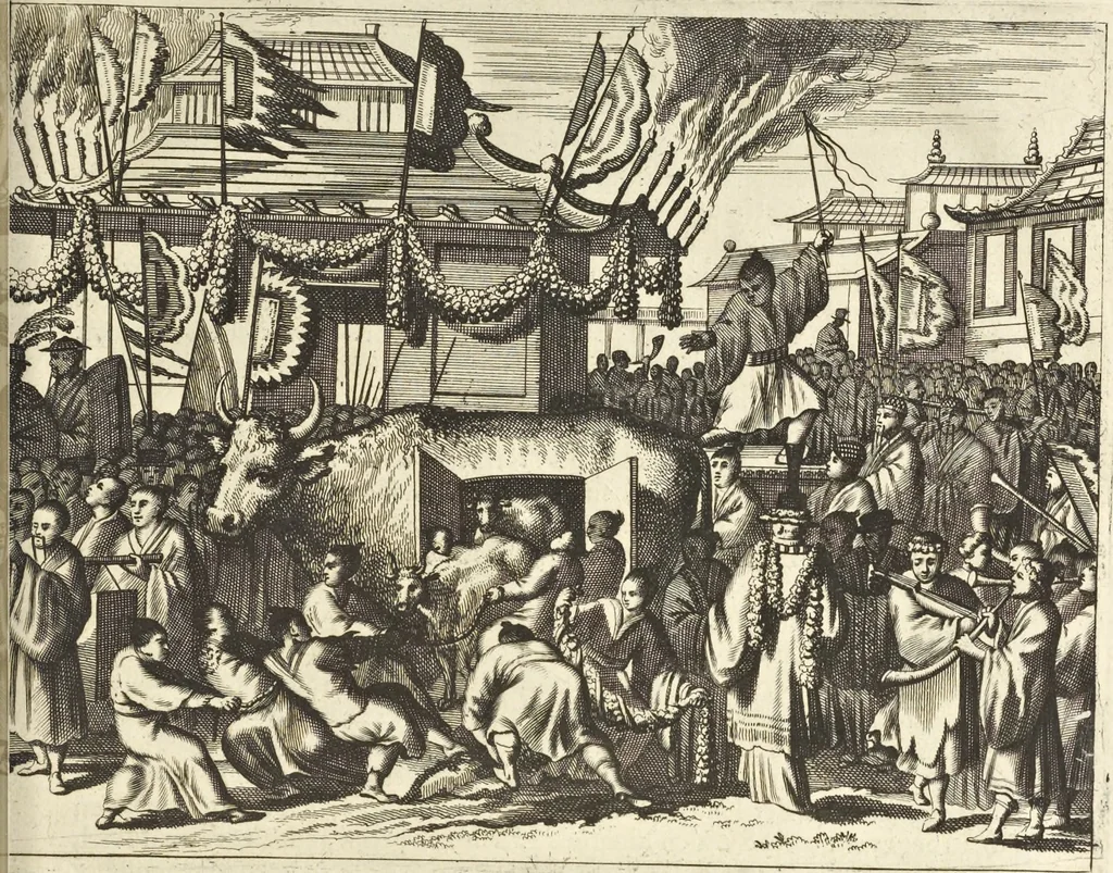 An illustration from Gedenkwaerdig bedryf der Nederlandsche Oost-Indische Maetschappye, op de kuste en in het keizerrijk van Taising of Sina : behelzende het tweede gezandschap aen den onder-koning Singlamong en veldheer Taising Lipoui, door Jan van Kampen en Konstantyn Nobel : vervolgt met een verhael van het voorgevallen des jaers zestien hondert drie en vier en zestig, op de kuste van Sina, en ontrent d'eilanden Tayowan, Formosa, Ay en Quemuy, onder't gezag van Balthasar Bort : en het derde gezandschap aen Konchy, Tartarsche keizer van Sina en Oost-Tartarye : onder beleit van zijne ed. Pieter van Hoorn : beneffens een beschryving van geheel Sina : verçiert doorgaens met verscheide kopere platen, 1670, leaf 985