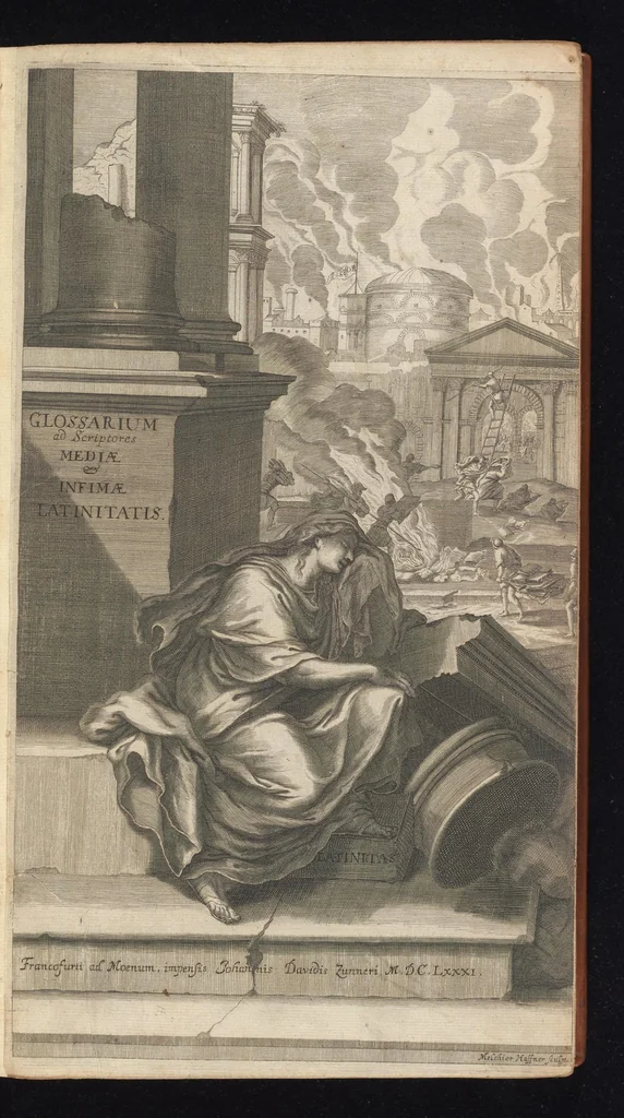An illustration from Caroli Dufresne, domini Du Cange regi à consiliis, & Franciae apud ambianos quaestoris, Glossarium ad scriptores mediae & infimae Latinitatis : in quo Latina vocabula novatae significationis, aut usus rarioris, barbara & exotica explicantur ... : accedit dissertatio De imperatorum Constantinopolitanorum, seu de inferioris aevi, vel imperii, uti vocant, numismatibus, 1681, leaf 6