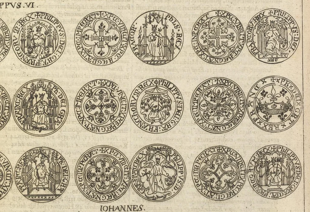 An illustration from Caroli Dufresne, domini Du Cange regi à consiliis, & Franciae apud ambianos quaestoris, Glossarium ad scriptores mediae & infimae Latinitatis : in quo Latina vocabula novatae significationis, aut usus rarioris, barbara & exotica explicantur ... : accedit dissertatio De imperatorum Constantinopolitanorum, seu de inferioris aevi, vel imperii, uti vocant, numismatibus, 1681, leaf 316