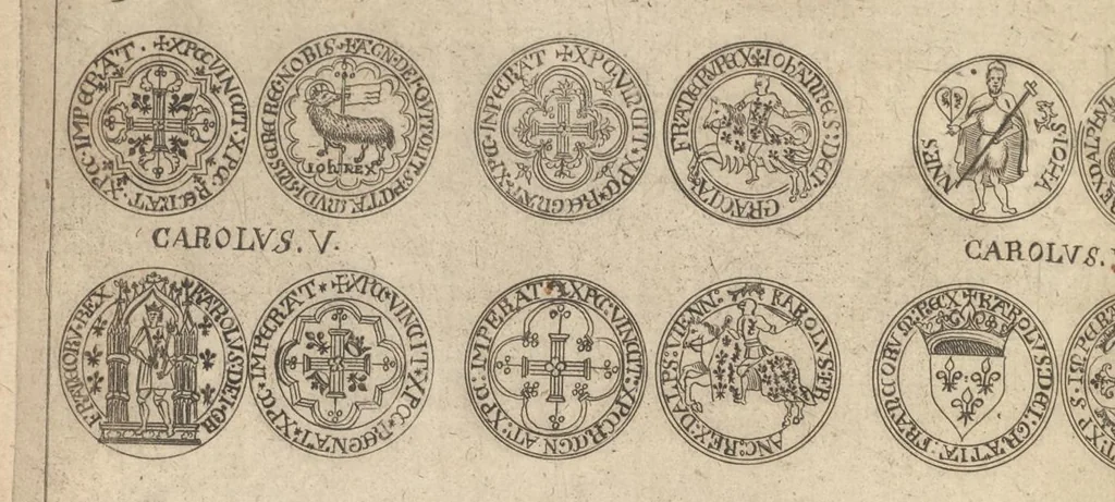 An illustration from Caroli Dufresne, domini Du Cange regi à consiliis, & Franciae apud ambianos quaestoris, Glossarium ad scriptores mediae & infimae Latinitatis : in quo Latina vocabula novatae significationis, aut usus rarioris, barbara & exotica explicantur ... : accedit dissertatio De imperatorum Constantinopolitanorum, seu de inferioris aevi, vel imperii, uti vocant, numismatibus, 1681, leaf 325