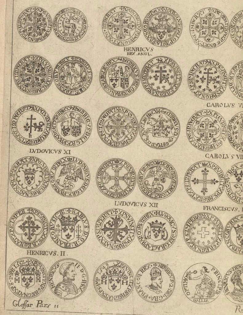 An illustration from Caroli Dufresne, domini Du Cange regi à consiliis, & Franciae apud ambianos quaestoris, Glossarium ad scriptores mediae & infimae Latinitatis : in quo Latina vocabula novatae significationis, aut usus rarioris, barbara & exotica explicantur ... : accedit dissertatio De imperatorum Constantinopolitanorum, seu de inferioris aevi, vel imperii, uti vocant, numismatibus, 1681, leaf 325
