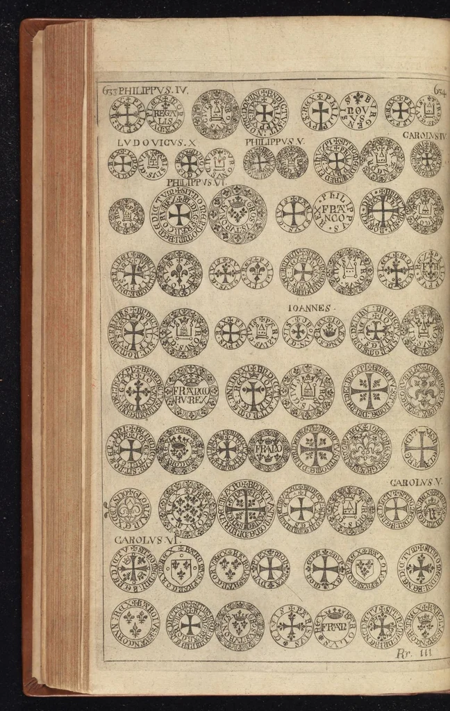An illustration from Caroli Dufresne, domini Du Cange regi à consiliis, & Franciae apud ambianos quaestoris, Glossarium ad scriptores mediae & infimae Latinitatis : in quo Latina vocabula novatae significationis, aut usus rarioris, barbara & exotica explicantur ... : accedit dissertatio De imperatorum Constantinopolitanorum, seu de inferioris aevi, vel imperii, uti vocant, numismatibus, 1681, leaf 327
