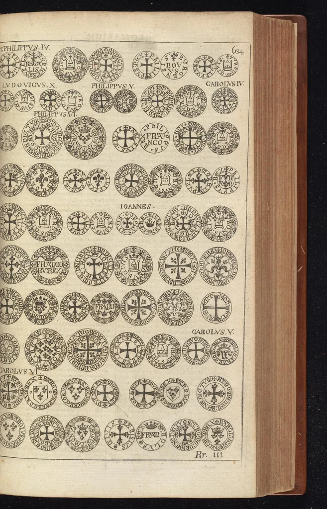An illustration from Caroli Dufresne, domini Du Cange regi à consiliis, & Franciae apud ambianos quaestoris, Glossarium ad scriptores mediae & infimae Latinitatis : in quo Latina vocabula novatae significationis, aut usus rarioris, barbara & exotica explicantur ... : accedit dissertatio De imperatorum Constantinopolitanorum, seu de inferioris aevi, vel imperii, uti vocant, numismatibus, 1681, leaf 328