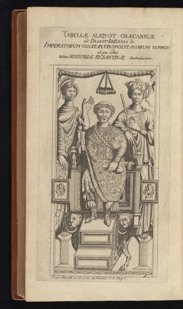 An illustration from Caroli Dufresne, domini Du Cange regi à consiliis, & Franciae apud ambianos quaestoris, Glossarium ad scriptores mediae & infimae Latinitatis : in quo Latina vocabula novatae significationis, aut usus rarioris, barbara & exotica explicantur ... : accedit dissertatio De imperatorum Constantinopolitanorum, seu de inferioris aevi, vel imperii, uti vocant, numismatibus, 1681, leaf 783
