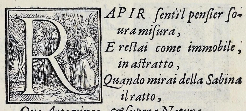 An illustration from Alcvne composizioni di diversi avtori in lode del ritratto della Sabina scolpito in marmo dall'eccellentissimo m. Giouanni Bologna, posto nella piazza del serenissimo gran duca di Toscana, 1583, leaf 36