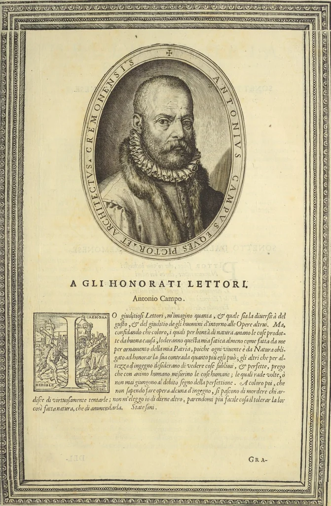 An illustration from Cremona fedelissima citta et nobilissima colonia de Romani : rappresentata in disegno col svo contado et illvstrata d'vna breve historia delle cose piv notabili appartenenti ad essa et de i ritratti natvrali de dvchi et dvchesse di Milano e compendio delle lor vite, 1585, leaf 10
