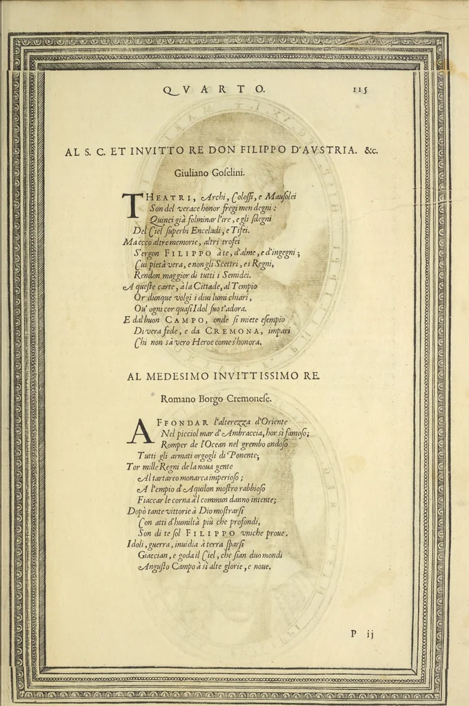 An illustration from Cremona fedelissima citta et nobilissima colonia de Romani : rappresentata in disegno col svo contado et illvstrata d'vna breve historia delle cose piv notabili appartenenti ad essa et de i ritratti natvrali de dvchi et dvchesse di Milano e compendio delle lor vite, 1585, leaf 210
