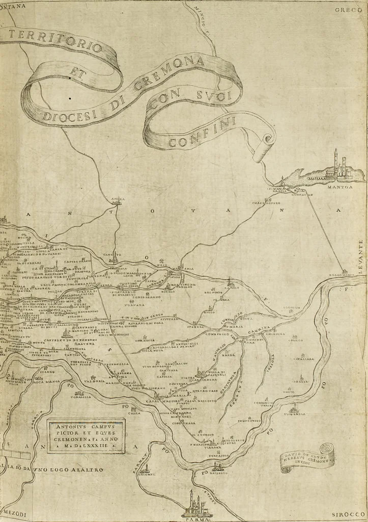 An illustration from Cremona fedelissima citta et nobilissima colonia de Romani : rappresentata in disegno col svo contado et illvstrata d'vna breve historia delle cose piv notabili appartenenti ad essa et de i ritratti natvrali de dvchi et dvchesse di Milano e compendio delle lor vite, 1585, leaf 218