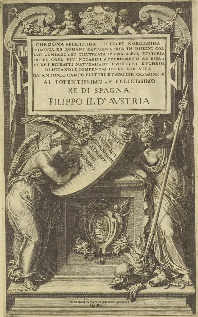 An illustration from Cremona fedelissima citta et nobilissima colonia de Romani : rappresentata in disegno col svo contado et illvstrata d'vna breve historia delle cose piv notabili appartenenti ad essa et de i ritratti natvrali de dvchi et dvchesse di Milano e compendio delle lor vite, 1585, leaf 4