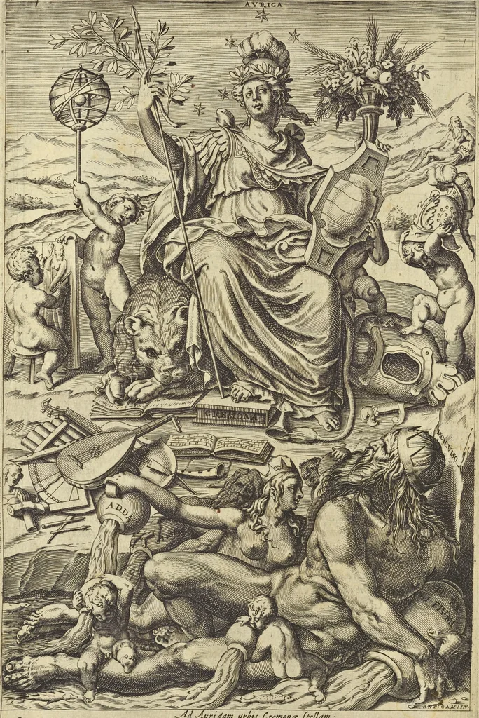 An illustration from Cremona fedelissima citta et nobilissima colonia de Romani : rappresentata in disegno col svo contado et illvstrata d'vna breve historia delle cose piv notabili appartenenti ad essa et de i ritratti natvrali de dvchi et dvchesse di Milano e compendio delle lor vite, 1585, leaf 7