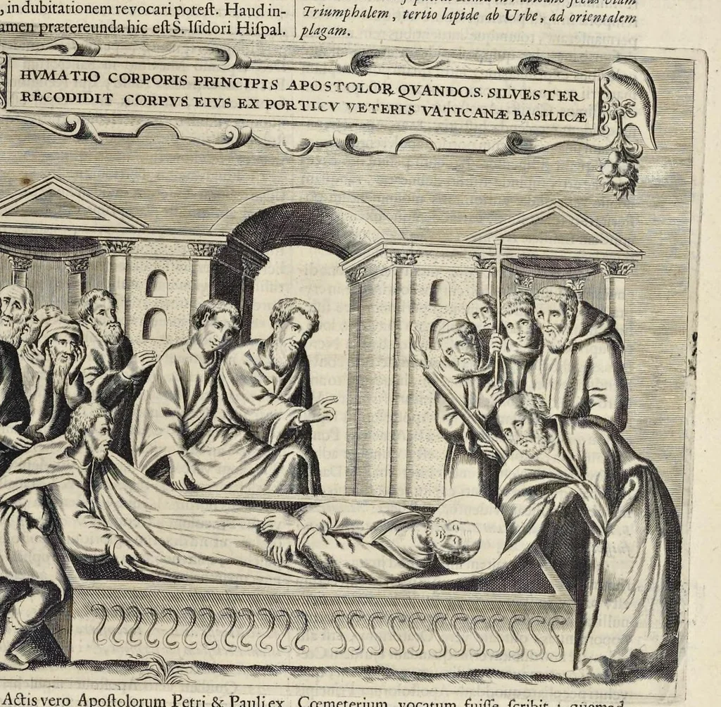An illustration from Roma subterranea novissima : in qva post Antonivm Bosivm antesignanvm, Jo. Severanum congreg. oratorii presbyterum, et celebres alios scriptores : antiqvua Christianorum et praecipue martyrum cœmeteria, tituli, monimenta, epitaphia, inscriptiones ac nobiliora sanctorum sepulchra : sex libris distincta illustrantur et quamplurimæ res ecclesiasticæ iconibus graphice describuntur, ac multiplici tum sacra, tum profana eruditione declarantur : cum duplici indice, capitum & rerum locupletissimo : opera et studio, 1659, leaf 168