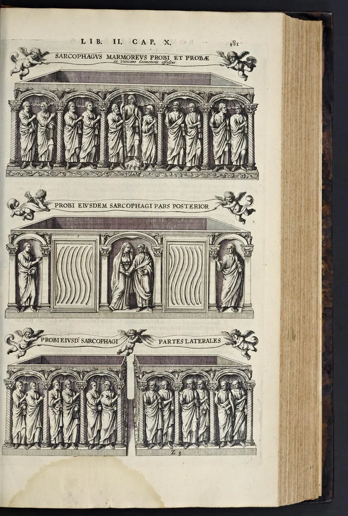 An illustration from Roma subterranea novissima : in qva post Antonivm Bosivm antesignanvm, Jo. Severanum congreg. oratorii presbyterum, et celebres alios scriptores : antiqvua Christianorum et praecipue martyrum cœmeteria, tituli, monimenta, epitaphia, inscriptiones ac nobiliora sanctorum sepulchra : sex libris distincta illustrantur et quamplurimæ res ecclesiasticæ iconibus graphice describuntur, ac multiplici tum sacra, tum profana eruditione declarantur : cum duplici indice, capitum & rerum locupletissimo : opera et studio, 1659, leaf 202